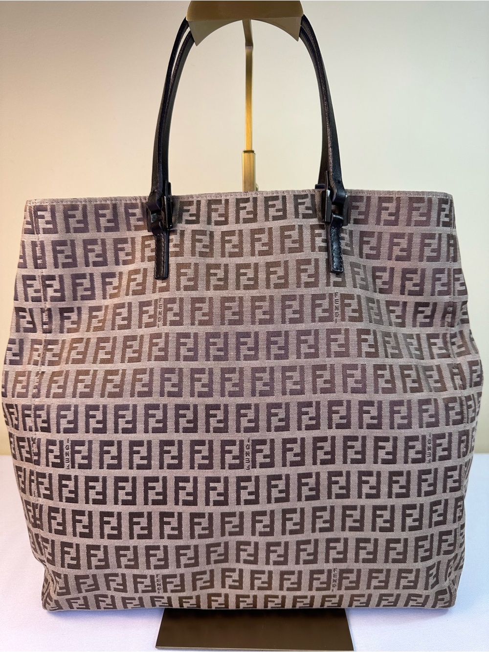 Fendi Zucchino FF Canvas tote dark brown leather trim Gunmetal HDW COA